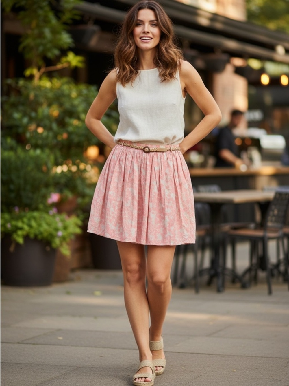 NWOT OLD NAVY Coral & Tan Cotton Braided Belted Flowy Mini Skirt 4